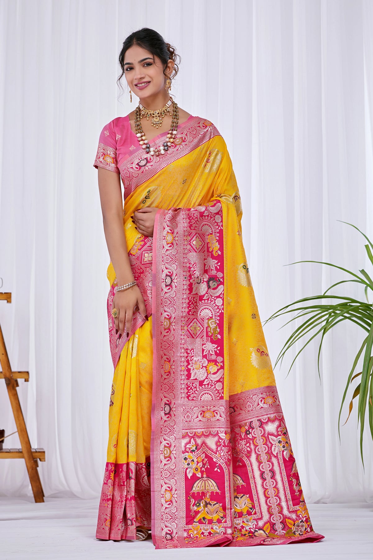 Maharani Yellow Pink Wedding Silk Saree