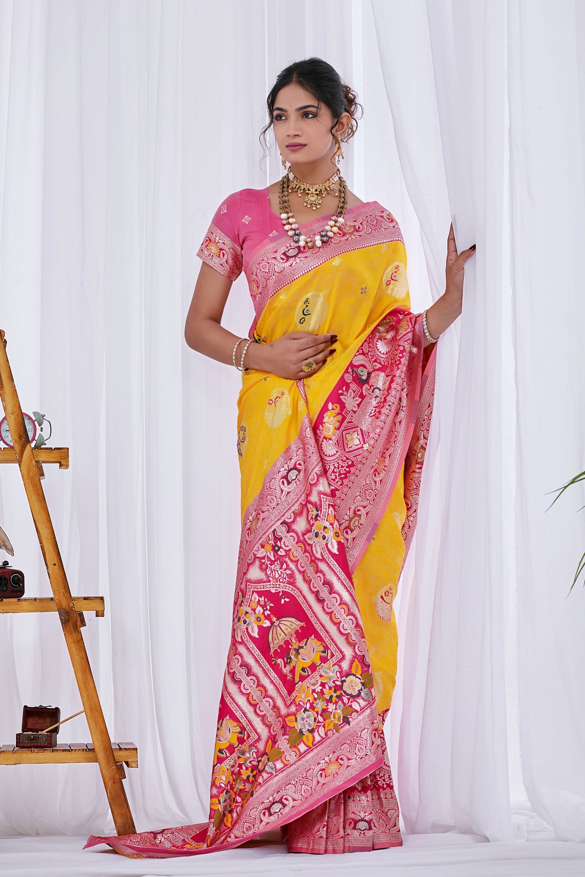 Maharani Yellow Pink Wedding Silk Saree