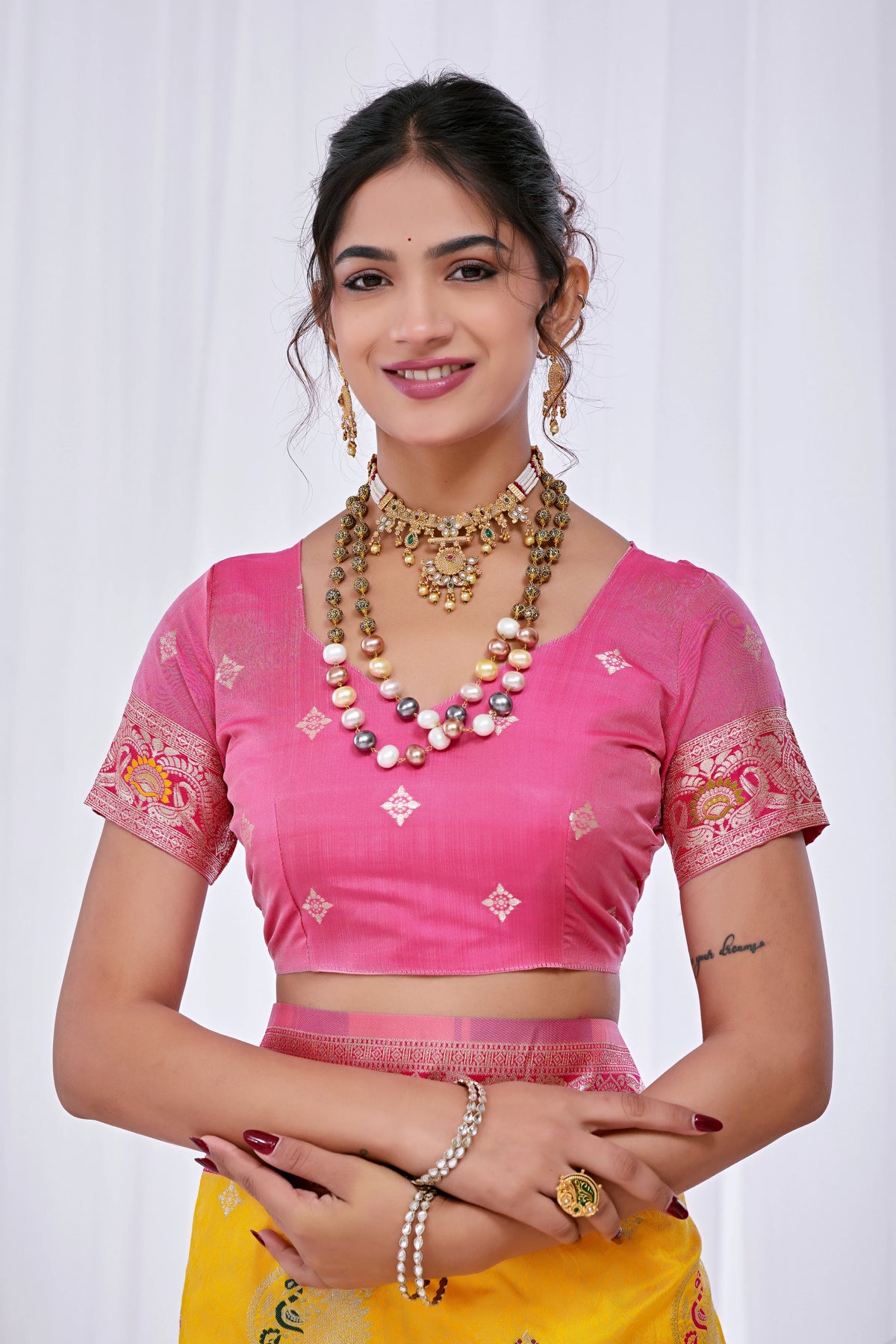 Maharani Yellow Pink Wedding Silk Saree