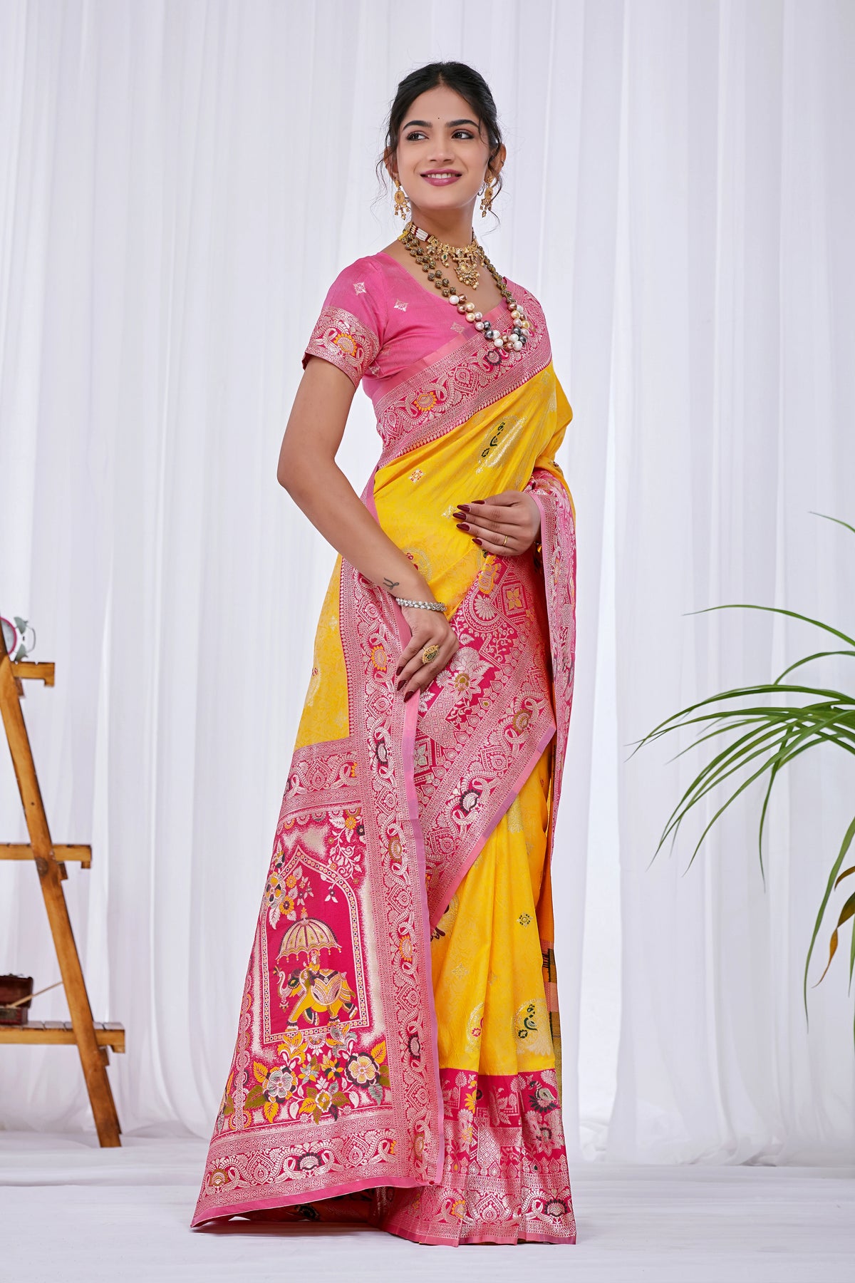 Maharani Yellow Pink Wedding Silk Saree