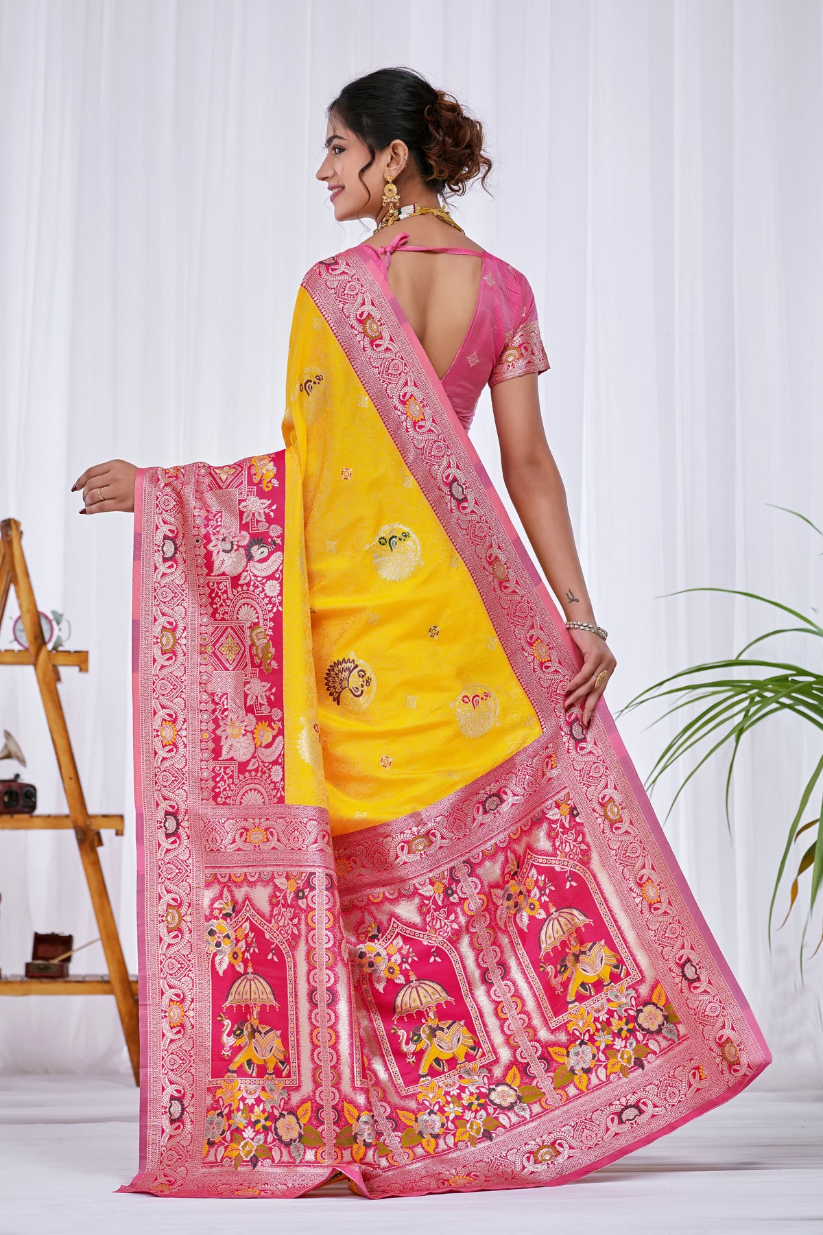 Maharani Yellow Pink Wedding Silk Saree