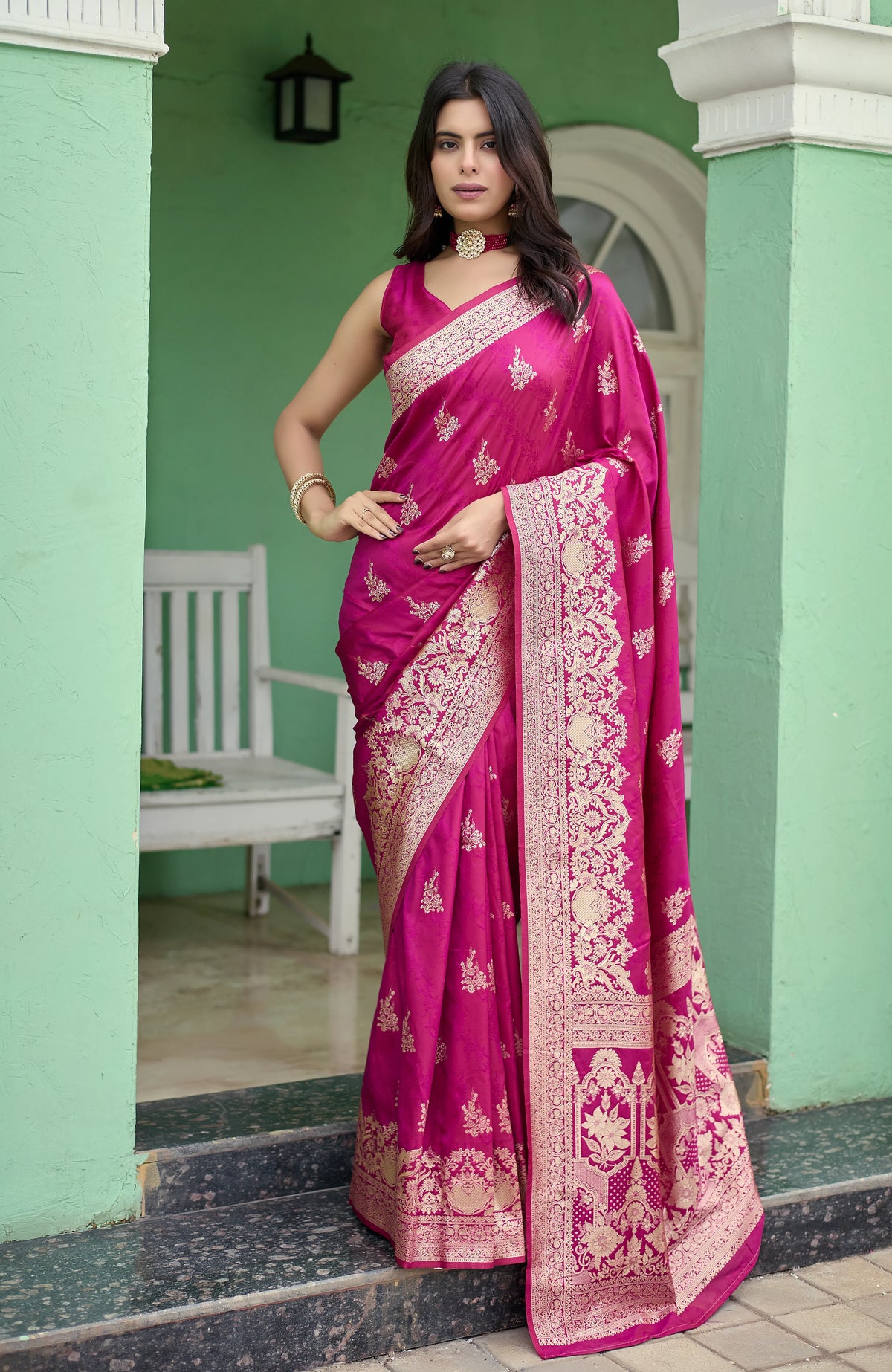 Royal Magenta Pink Golden Zari Banarasi Silk Saree