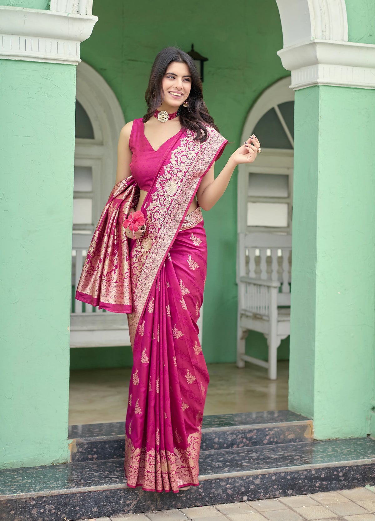 Royal Magenta Pink Golden Zari Banarasi Silk Saree