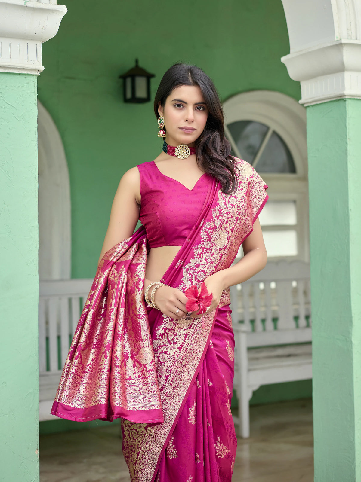 Royal Magenta Pink Golden Zari Banarasi Silk Saree