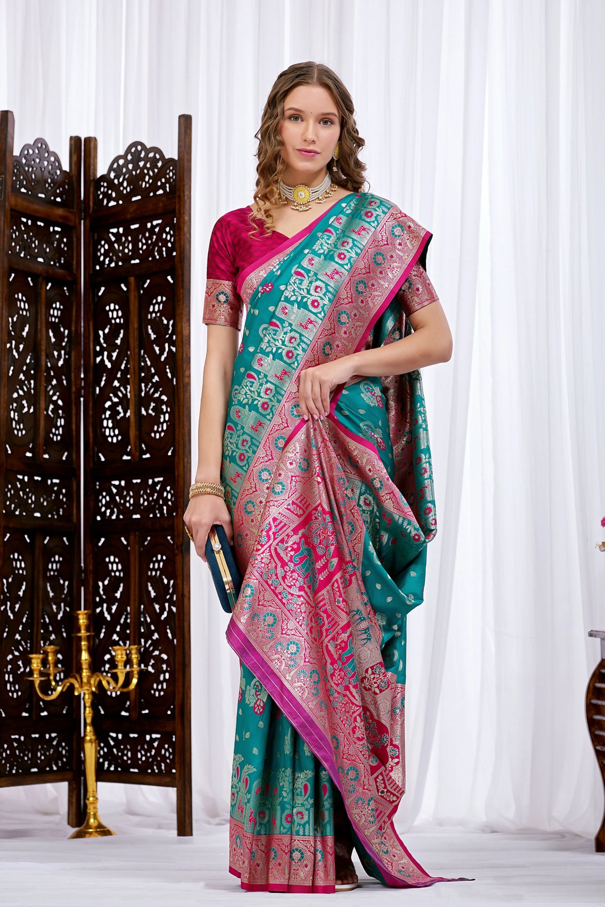 Royal Peacock Teal Pink Paithani Silk Saree