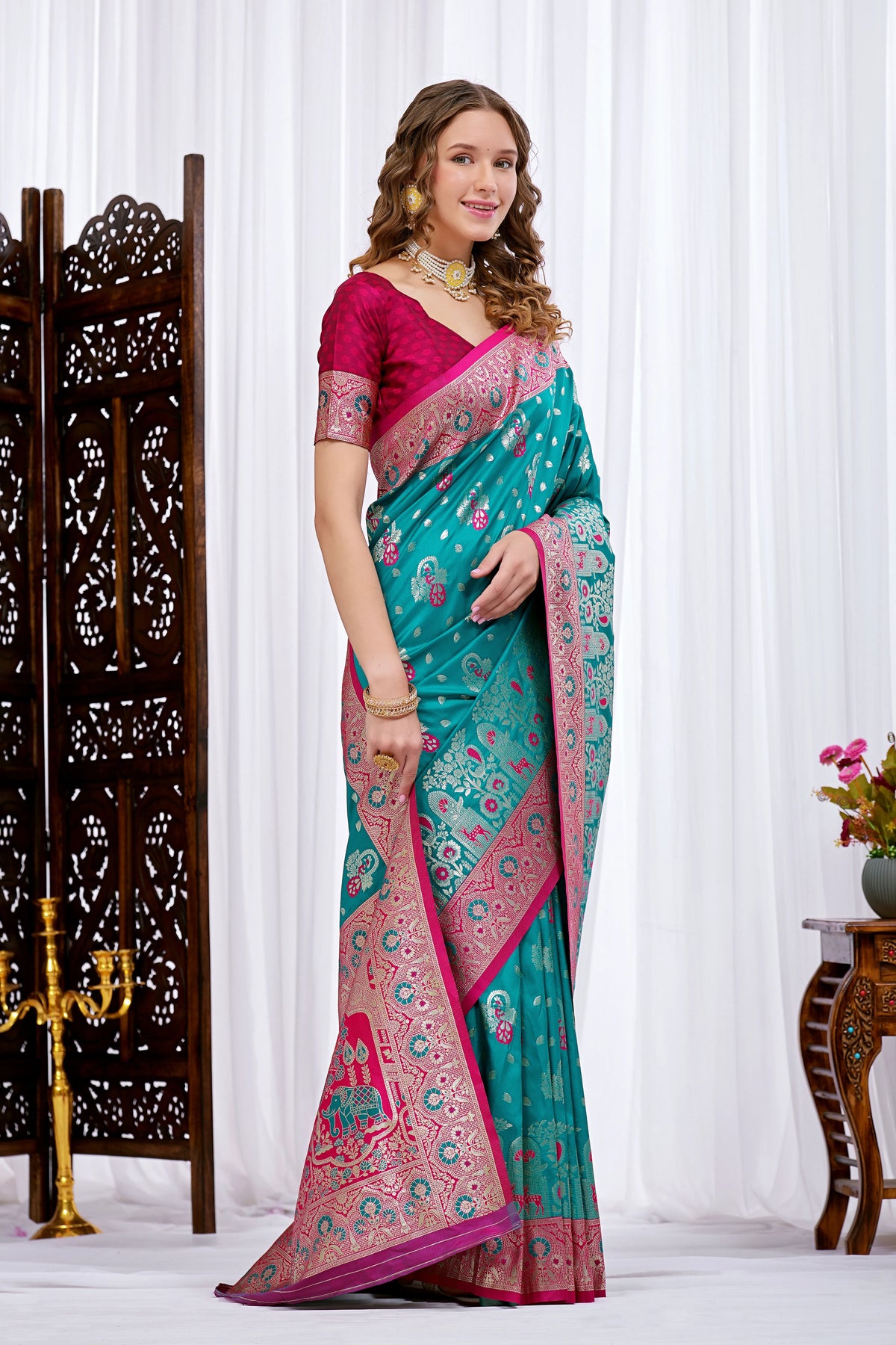 Royal Peacock Teal Pink Paithani Silk Saree