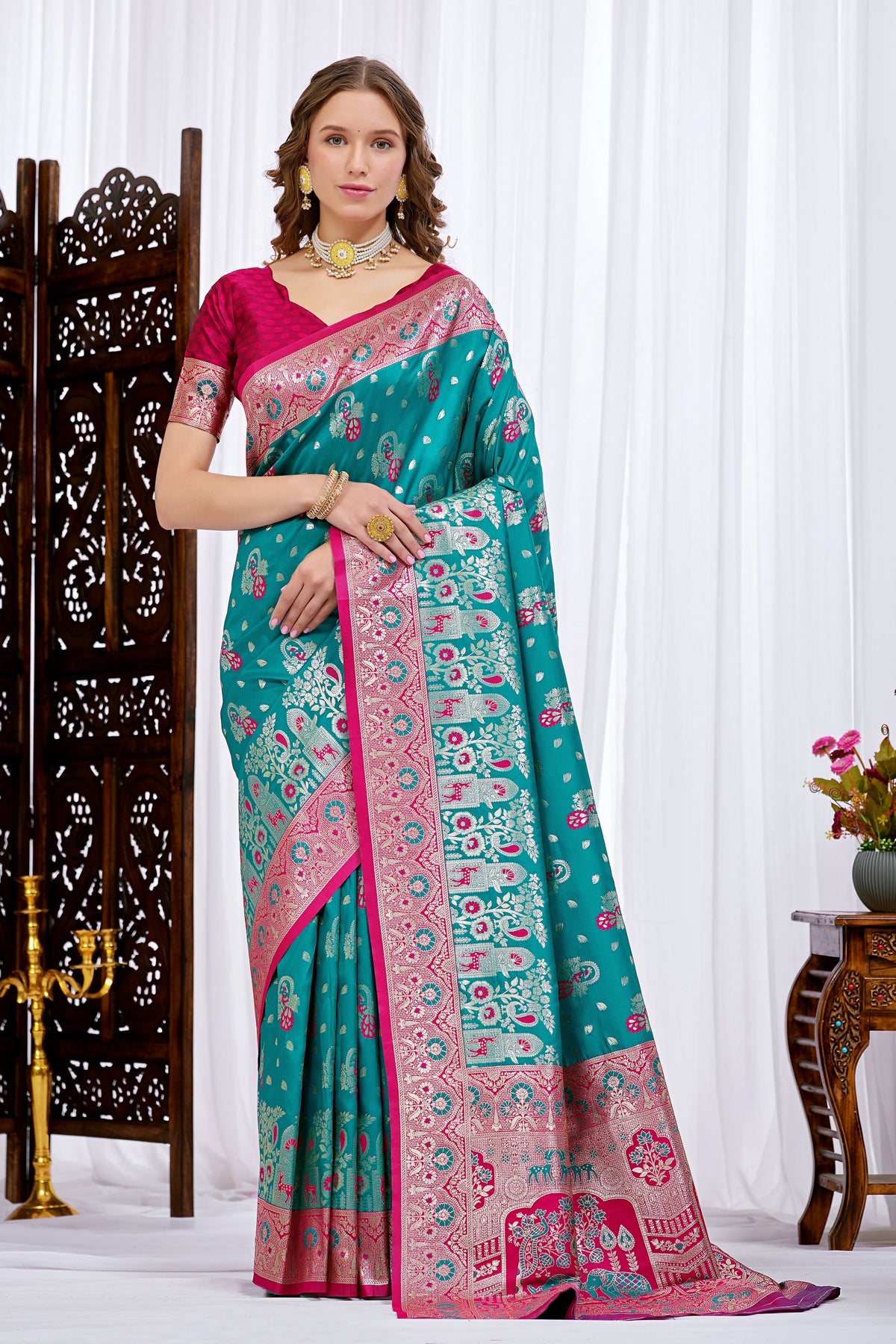 Royal Peacock Teal Pink Paithani Silk Saree