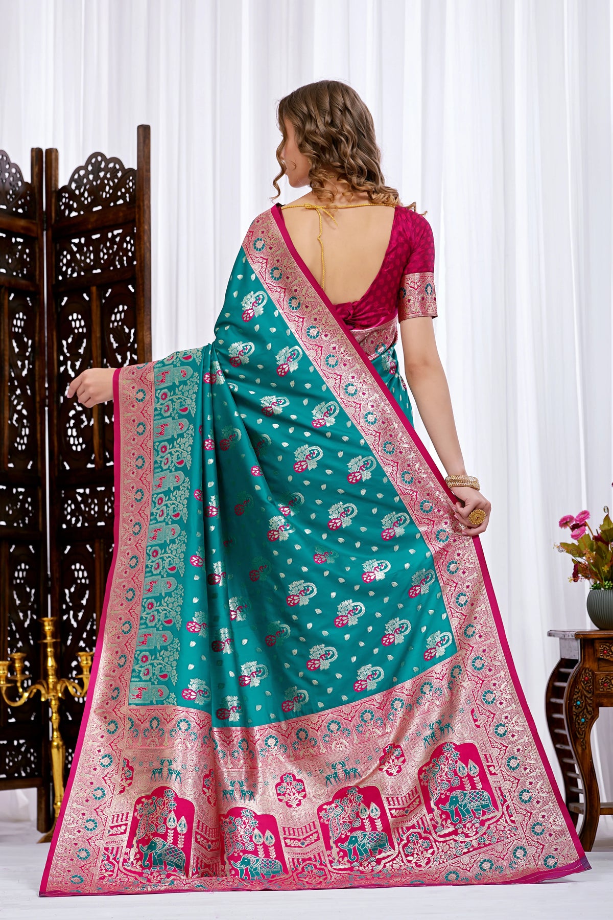 Royal Peacock Teal Pink Paithani Silk Saree