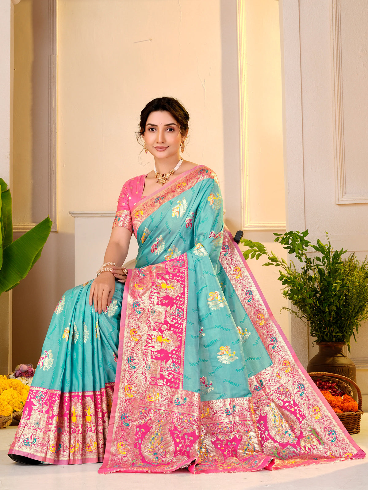 Royal Peacock Turquoise Pink Paithani Saree
