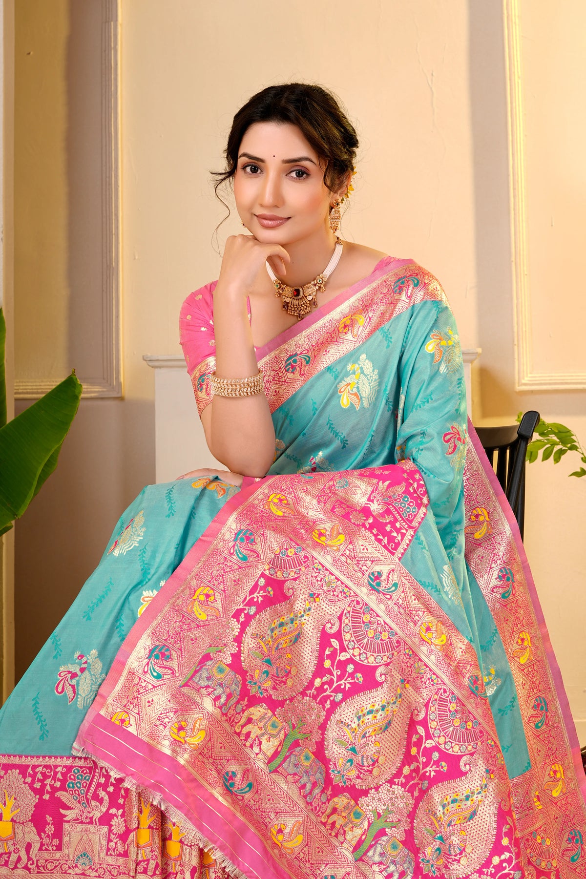 Royal Peacock Turquoise Pink Paithani Saree