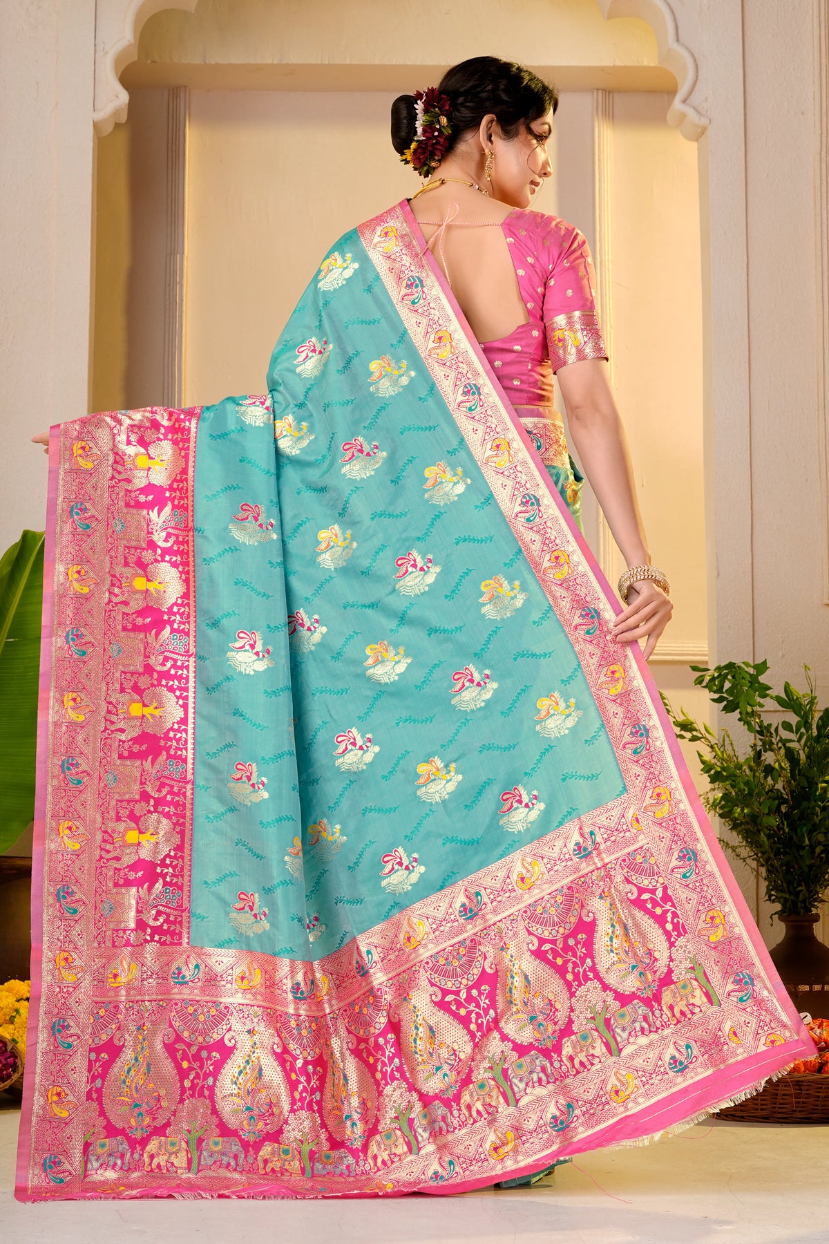 Royal Peacock Turquoise Pink Paithani Saree