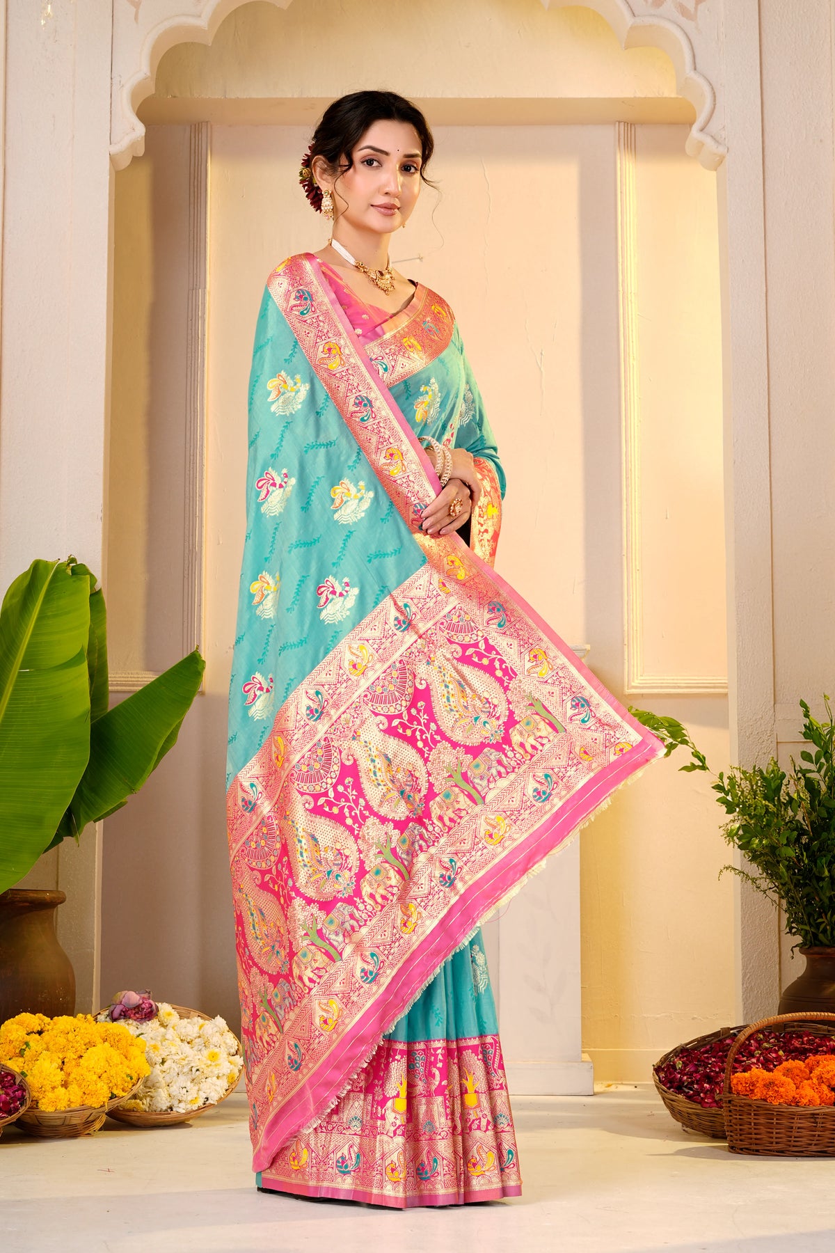 Royal Peacock Turquoise Pink Paithani Saree