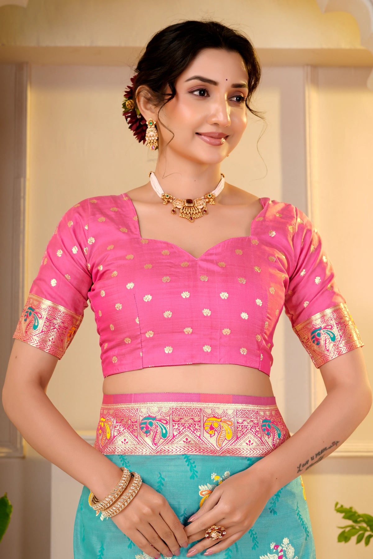 Royal Peacock Turquoise Pink Paithani Saree