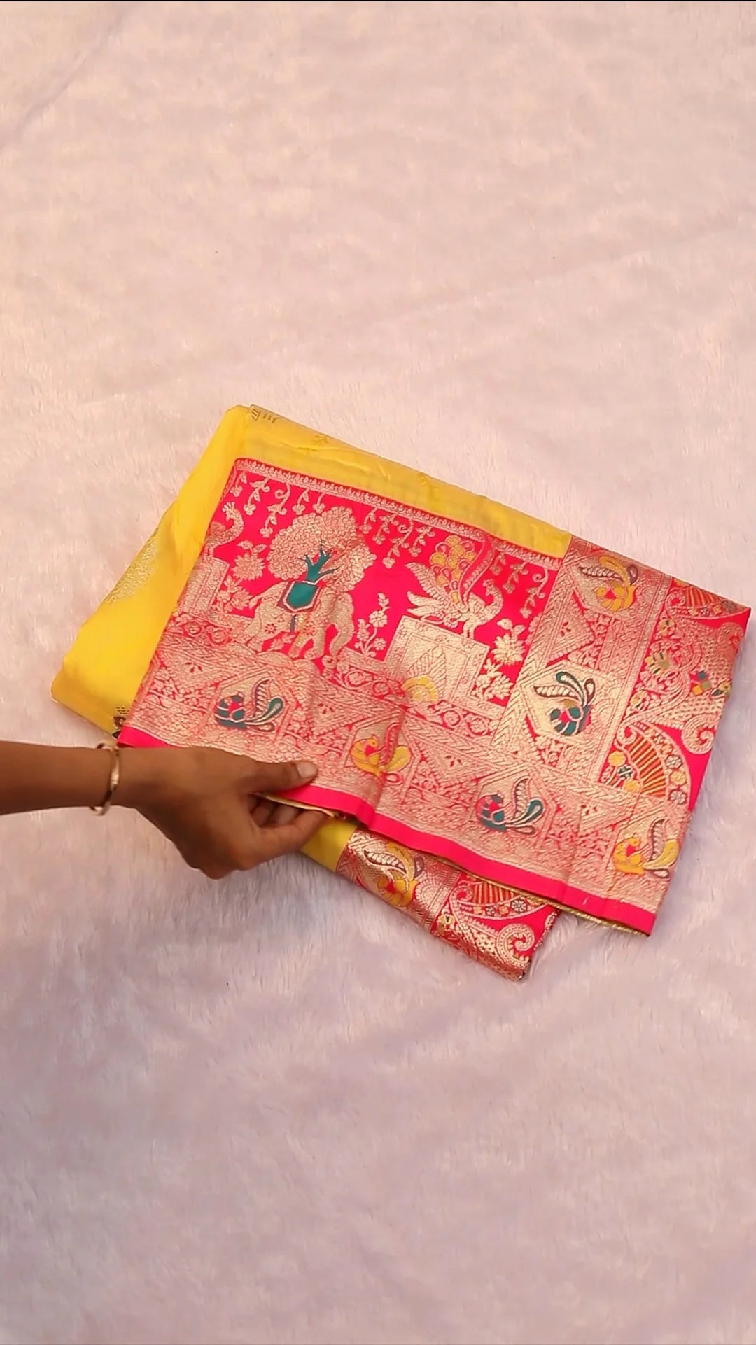 Swarna Mayuri Yellow Pink Zari Silk Saree