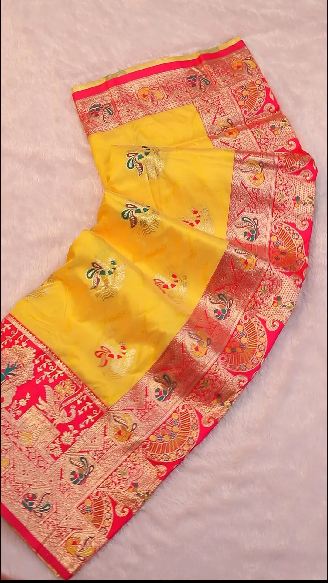 Swarna Mayuri Yellow Pink Zari Silk Saree